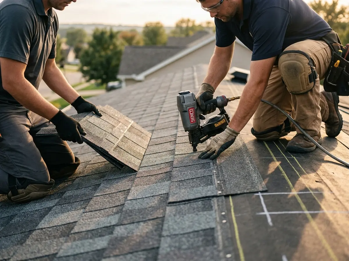 Professional roofer working on a residential roof in Clarkstown
